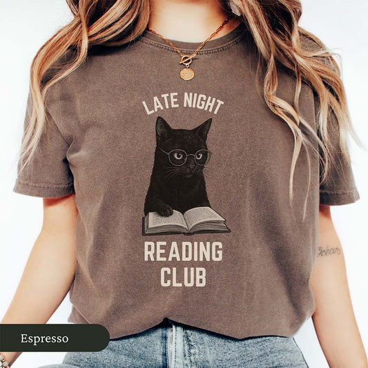 Late Night Reading Club Funny Black Cat Shirt