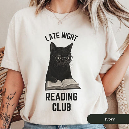 Late Night Reading Club Funny Black Cat Shirt