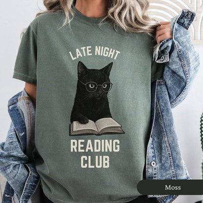 Late Night Reading Club Funny Black Cat Shirt