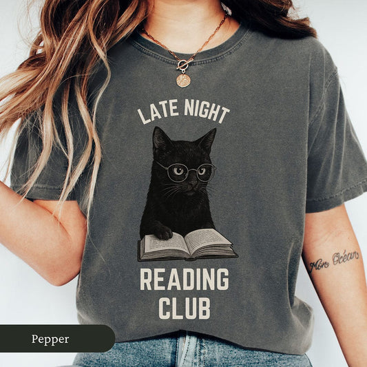 Late Night Reading Club Funny Black Cat Shirt